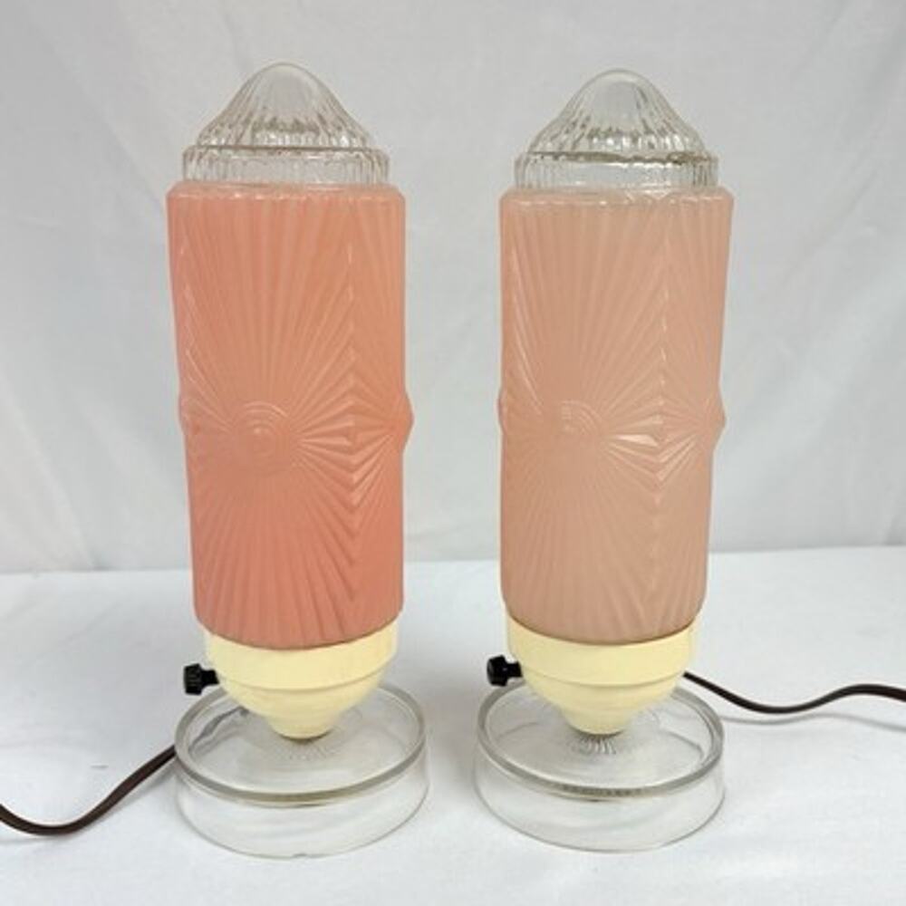 Pair Vtg Art Deco Boudoir Lamps Skyscraper Sunburst Pink Frosted w/ Clear Tops